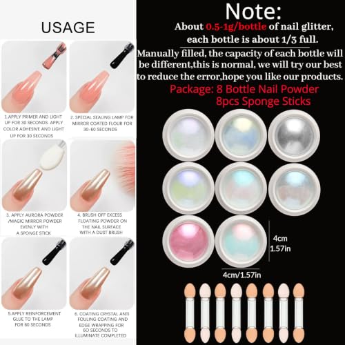 Aurora Chrome Nail Powder, 8pcs Iridescent Mirror Effect with Sponge Sticks