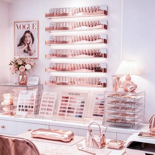 15" Nail Polish Wall Rack 6 Pack, Wall Mounted Organizer Holds 66+ Bottles - color: Rose Gold-polished