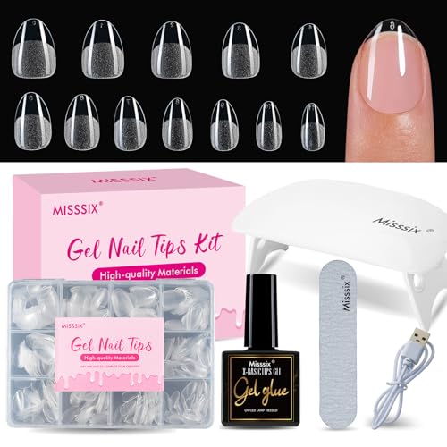 Misssix Extra Short Almond Gel Nail Tips Kit, 216Pcs Pre Etched Clear Nails