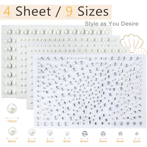 qiipii 4 Sheets Ivory White Flatback Pearls Rhinestones Stickers Self Adhensive Beige White 3-8mm Half Pearls Stick On Jewels Multi Sizes Gems Crystals Stick on for Nails Face Eyes Hair Makeup Crafts - color: Beige Perals+silver Clear Rhinestones, size: M