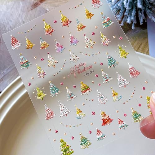 Christmas Nail Stickers for Nail Art Cute Colorful Christmas Tree Nail Art Stickers Xmas Winter 5D Embossed Nail Decals 3D Self-Adhesive Nails Supply Manicure Sliders for Nails Decoration - color: Cute Colorful Xmas Tree