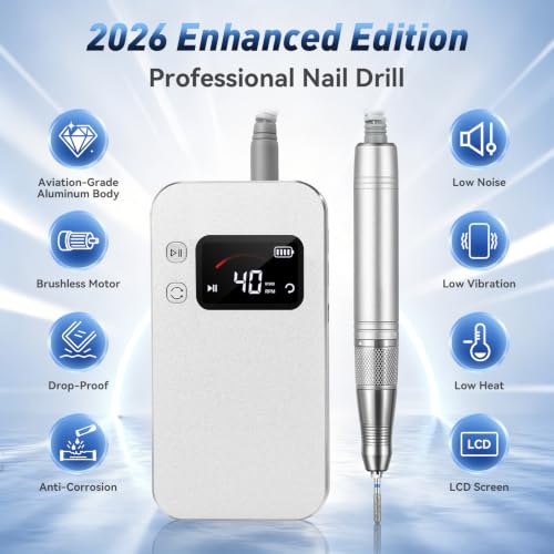 Professional Nail Drill, 40000RPM Brushless Cordless Electric Nail File