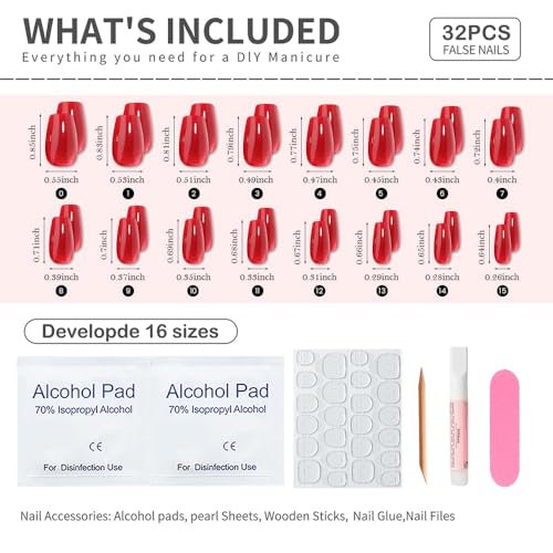 Red Medium Coffin Press On Nails, Cat Eye Press on Nails, Fashion Gel Fake Nails, Reusable Red Fake Nails, Glossy Stick on Nails for Women Girls, Glue on Nails Kit 32Pcs, Ballet Heatwave - color: C1-Ballet Heatwave