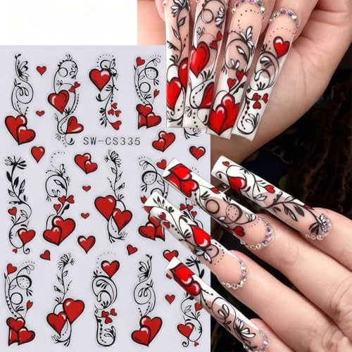 4 Sheets Valentines Nail Stickers 3D Self-Adhesive Red Hearts Nail Art Stickers with Colorful Love Hearts Bow Designs Retro Graffiti Double Heart Nail Decals Holiday Nail Art Supplies for Women DIY - style: Bow Nail Stickers-12