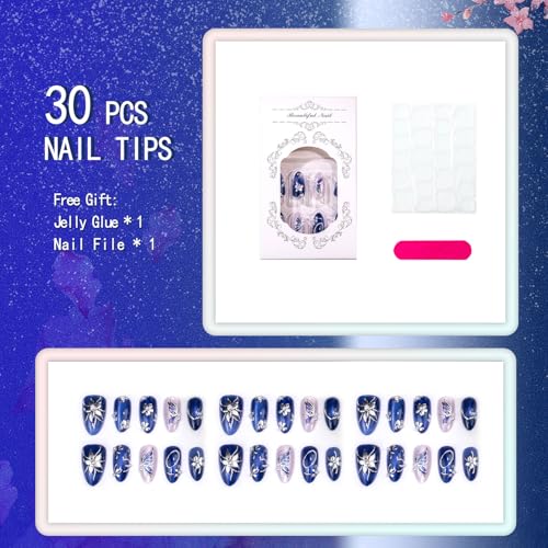 Blue Press On Nails Medium Almond Fake Nails With Blue Butterfly Design Glitter Nails Press Ons Glossy False Nails Silver Pearl Flower Acrylic Glue On Nails For Women 30Pcs - color: Design-19