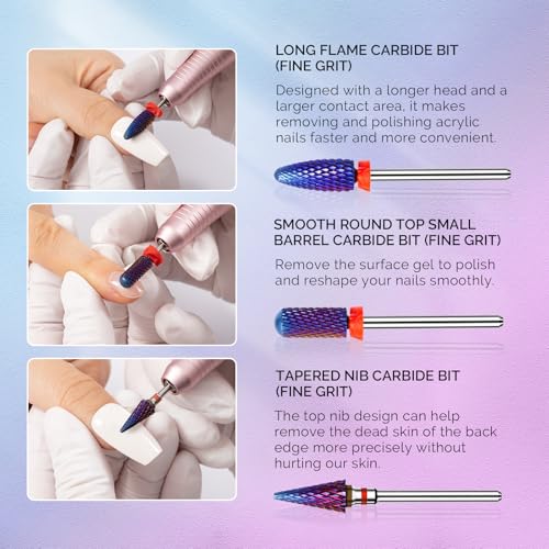 MelodySusie 3Pcs Nail Drill Bits Set, 3/32'' Carbide Tungsten Bits, Long Flame, Smooth Round Top Small Barrel and Tapered Nib Bits, Suitable for Manicure Pedicure Cuticle Gel Acrylic Remover, Purple - size: C Set