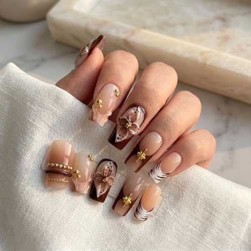 Handmade Press on Nails Medium Square Brown Gradient False Nails with 3D Flower and Swirl Design French Tip Fake Nails Luxury Reusable Acrylic Nails Press Ons for Women 10Pcs (Size M) - color: style4