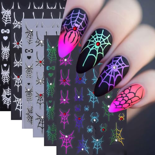 6 Sheets Shining Crystal Diamond Spider Web Nail Stickers for Nail Art Self-Adhesive Halloween Nail Decals Spider Web Spiders Stickers Fall Holiday DIY Manicure Decoration Supplies Sticker for Women - style: Diamond Spider