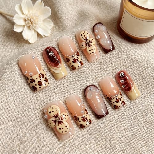 Medium Square Press on Nails,3D Flower Handmade French Fake Nails - color: style12
