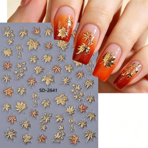 6Sheets Fall Nail Stickers Red&Gold Maple Leaf Design - color: Red & Gold
