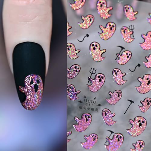 Pink Holographic Glitter Ghost Nail Stickers Self Adhesive Spooky Ghost Nail Art Decals with Mini Devil Pitchfork Waterproof Halloween DIY Manicure Decor Supplies for Women Girls Salon Acrylic Nails - color: Glitter Ghost