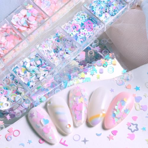 2 Pack 12 Grids Nail Glitter Sequins - 5g Each Dreamy Mix Color + Laser Silver, 3D Holographic Nail Charms for DIY Nail Art Supplies, Manicure Decorations for Women Beginners