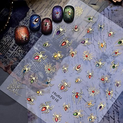 1 Sheet Halloween Nail Stickers 5D Embossed Self Adhesive Spider Web Nail Decals Spider Nail Art Stickers Colorful Gold Relief Spider Nail Designs Goth Halloween Holiday Manicure Supplies for Women - color: Halloween Golden Relief Spider