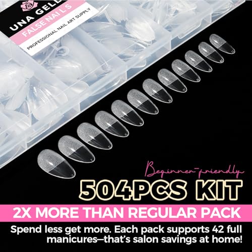 UNA GELLA Almond Gel Nail Tips 504PCS Pre-Etched Clear Fake Nails Tips