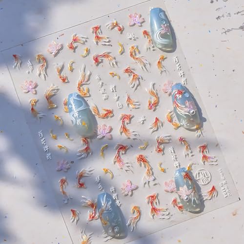 5D Embossed Goldfish Nail Stickers for Nail Art Self-Adhesive Sparkly Koi Fish Nail Design Stickers Koi Lotus Leaf Chinese Style Manicure Decals Spring Flower Nails Art Supplies for Women Decorations - style: 5D Embossed Nail Stickers-9