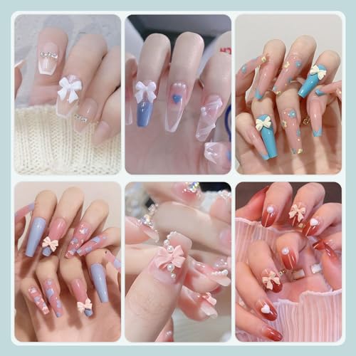 600 Pcs 3D Nail Bow Charms and Flatback Pearls Nail Charms Set 5 - color: Set 5- 8 Colors B Style
