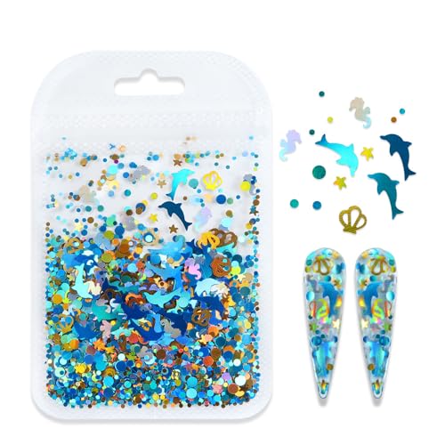 1 Bag Ocean Dolphin Nail Glitter Sequins, Holographic Blue Sea Shell Seahorse Starfish Nail Art Flakes, Laser Mixed Round Dot Confetti Nail Decorations for Acrylic UV Gel Manicure DIY Crafts - color: Blue
