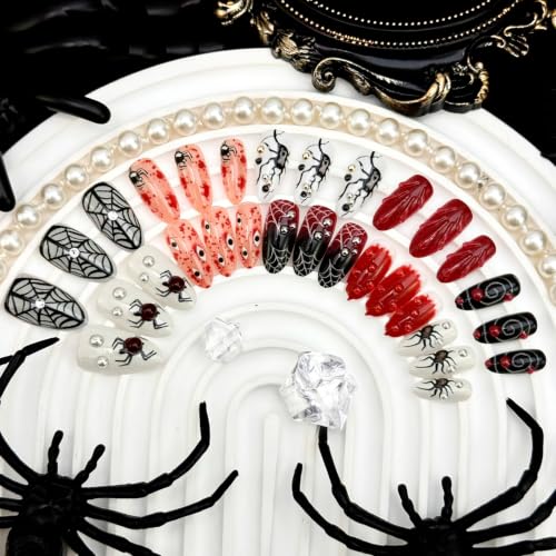Halloween Press on Nails Medium Almond Spider Web Gothic Fake Nails - color: Halloween Press on Nails 03