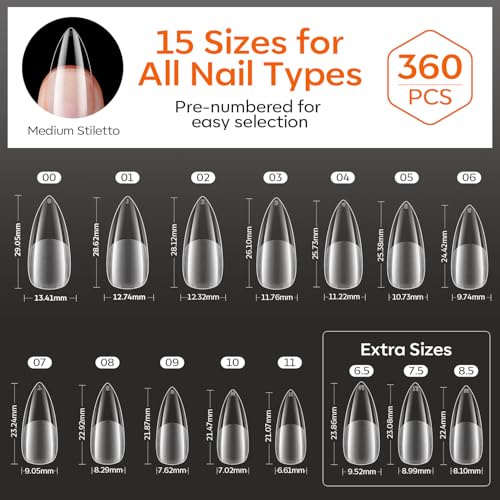 Modelones Medium Stiletto Nail Tips 360pcs Pre-etched Clear Soft Fake Nails - color: A11-Medium Stiletto
