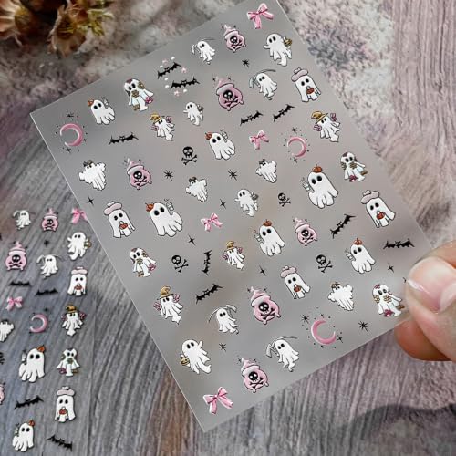 1 Sheet 5D Embossed Halloween Nail Stickers Cute Ghost Nail Decals with Mini Pumpkin Flower Bow Design Bat Nail Art Stickers Halloween Nail Decoration Horror Skull Nail Supplies for Women DIY Manicure - color: Halloween09