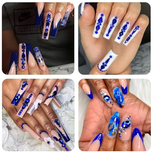 Nail Art Rhinestones Kit Nail Gems Ab Flat bottom special-shaped drill, with Storage Organizer Box/Wax Pencil/Tweezers for Nail Art Craft (Blue) - color: Blue