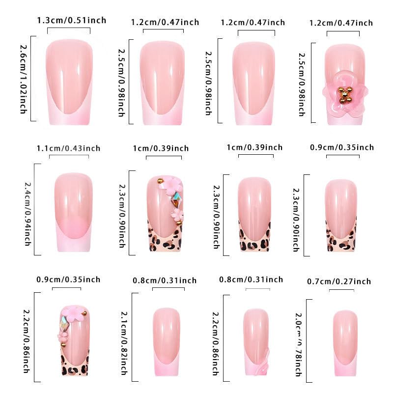 French Tip Press on Nails Medium Square Leopard 3D Flower Fake Nails 24Pcs - color: Style 25