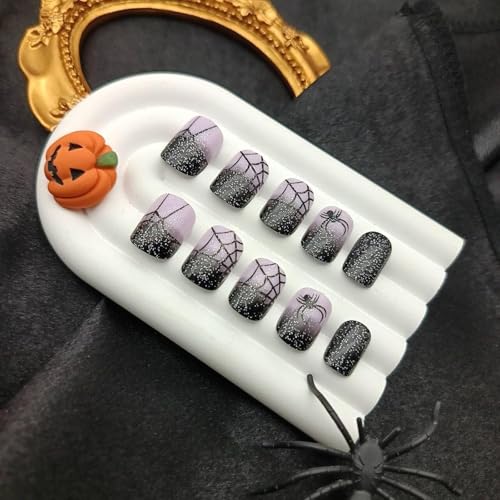 Halloween Press on Nails Square Shaped Fake Nails Cobweb & Spider False Nail with Glitter Designs Halloween Glue on Nail Black Bling Artificial Acrylic Nails for Women 24Pcs - color: Halloween style 07
