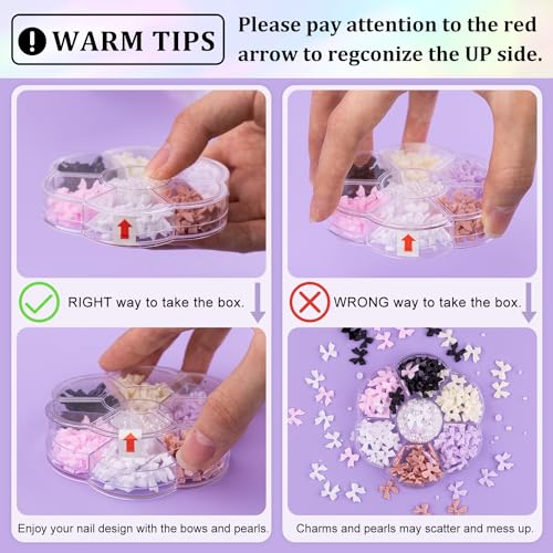 1 Box 3D Bow Charms & Flatback Pearls Set - 120 Pcs Cute Bow Charms in 6 Colors + 2-4mm White Nail Pearls with Pickup Tweezer & Pencil for Nail Art Decoration - color: Style A - 6 Colors Set 1