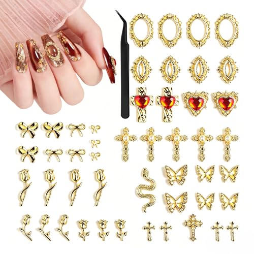 Beetles Gold Nail Charms Set 54PCS Metallic Nail Art Tools - color: E - Gold-54