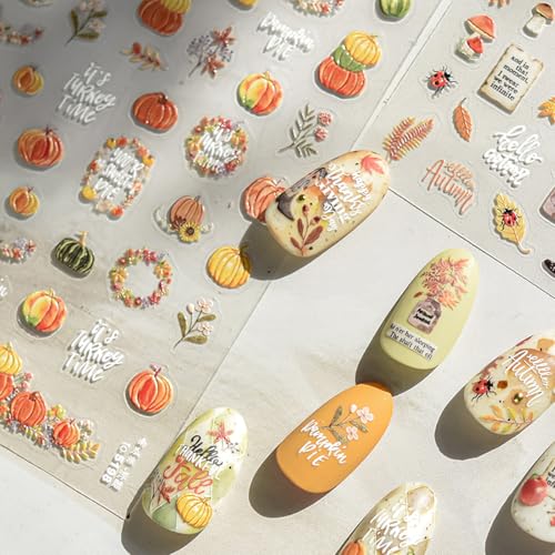 1 Sheet Fall Nail Stickers 5D Embossed Maple Leaves Nail Stickers for Nails Thanksgiving Day Pumpkin Nail Decals Fall Leaf Garland Nails Supplies Autumn Leaves Pumpkin Design Sticker for Women - style: thanksgiving pumpkin