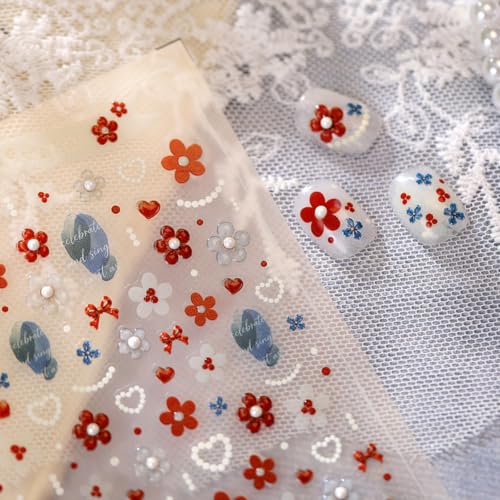 Red Flower Nail Stickers Decals Pearl Heart Design Nail Decals for Nail Art - color: Color38