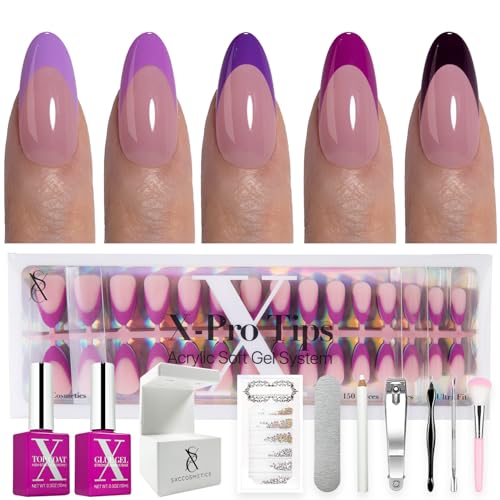 SXC Cosmetics French Tip Press On Nails – Purple Series, Medium Almond, X-Pro Tips Starter Kit | 150PCS, 15 Sizes, 5 Styles, Beginner-Friendly - color: Purple - M Almond