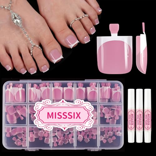 Misssix Press on Toenails Short, 150pcs French Tip Toe Nails with Glue - color: Berry Pink White French Tip toe nails