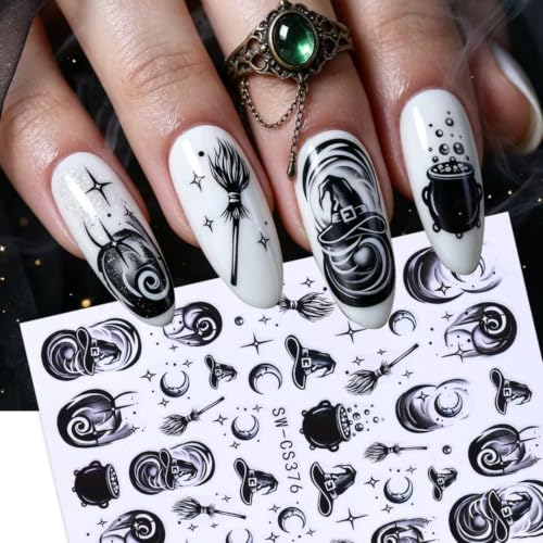 Halloween Witchcraft Theme Nail Broomstick Cauldron Nail Decal 6Pcs 3D Self-Adhesive with Evil Eye Vortex Moon Star Nail Design Gothic Nail Supplies Accessories for Halloween DIY Manicure Decoration - color: Witchcraft