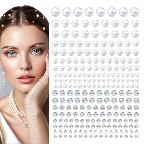 qiipii 4 Sheets Pure White Flatback Pearls Rhinestones Stickers Self Adhensive Solid White 3-8mm Half Pearls Stick On Jewels Multi Sizes Gems Crystals Stick on for Nails Face Eyes Hair Makeup Crafts - color: Pure White Perals+silver Clear Rhinestones, siz