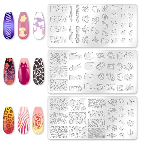 3Pcs Cute Animals Nail Stamping Plate Set Cat Puppy Butterfly Nail Stamp Templates Zebra Cow Texture Metal Reusable Tools with Stamper Scraper for Manicure Printing - color: Animal Pattern