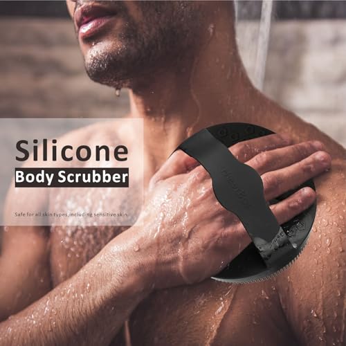 Silicone Body Scrubber Shower Brush 2 Counts,Super Exfoliating Body Brush with Non-Slip Strap-Effective Showering Exfoliation and Gentle Massage for Men Wome,Durable Use Brush (Black+Green) - color: Black+green