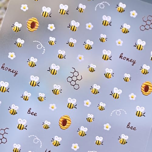 1 Sheet Flower Nail Art Stickers 5D Embossed Cute Bee Nails Decals Spring Daisy Bee Design Summer Bees Floral Nail Designs Accessories Cute Floral Bees Nail Supplies for Women DIY Manicure Decorations - style: bee