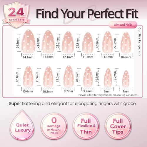 Nude Press On Nails Almond White Polka Dot 24PCS - color: 0092-White Polka Dots