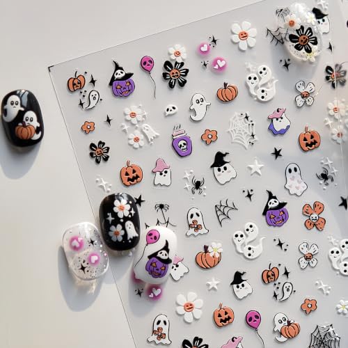 1 Sheet Cute Halloween Nail Art Stickers 5D Embossed Self-Adhesive Nail Decals Flower Ghost Pumpkin Star Spider Web Flower Nail Designs Holiday Nail Decorations for Women Acrylic Manicure Tips - color: Cute Ghost