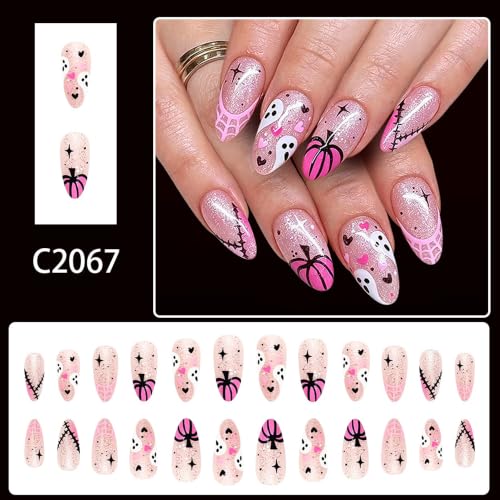 Halloween Press On Nails, Almond Pink Ghost Pumpkin Spiderweb Design - color: style 29