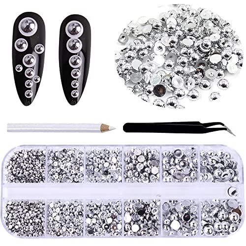 RODAKY 2000Pcs AB Silver Half Pearls for Crafts,Flatback Half Round Pearl for Nails,6 Sizes AB Silver Pearl Beads Rhinestones for Nails Art Design DIY Crafts Jewelry Making Clothe Shoes Decoration - color: Silver AB