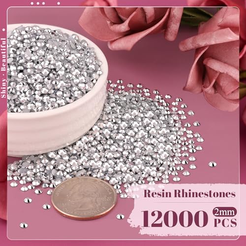 12000PCS 2mm Resin Rhinestones Bulk for Crafting (Silver), Flatback Bedazzling Crystals for Crafts DIY Nail Decoration, Gems Charms for Tumbler Shoes Clothing Fabric with Pickup Pen and Tweezers - color: B03 Resin Rhinestones (Silver), size: 2mm