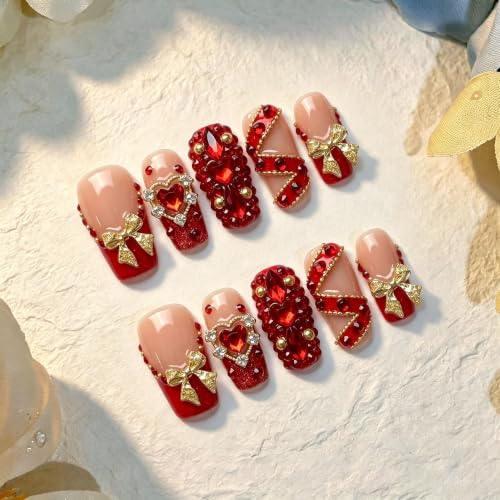 Handmade Press on Nails,Medium Coffin Red Gold Heart Fake Nails - color: style15