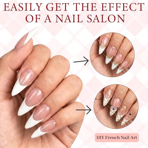 White French Tip Press on Nails,Long Stiletto Nails,Nude Base - color: White French Tips in Nude Base