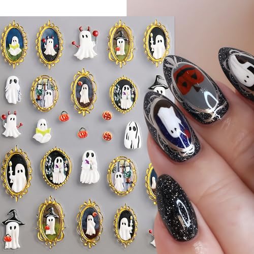 5D Halloween Nail Stickers Spider Ghost Nail Art Stickers Self-Adhesive 5D Engraved Retro Picture Frame Ghost Nail Decals Pegatinas Uñas Jelly Spider Nail Supplies for Women Nails Decorations 2Pcs - style: relief spider