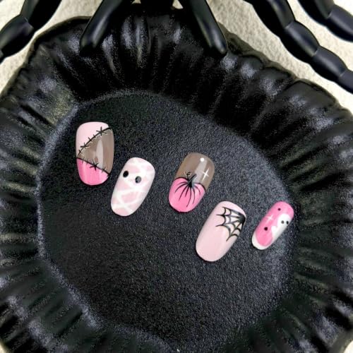 Halloween Press on Nails Ghost Spider Web Short Almond Fake Nails - color: Halloween Press on Nails 07