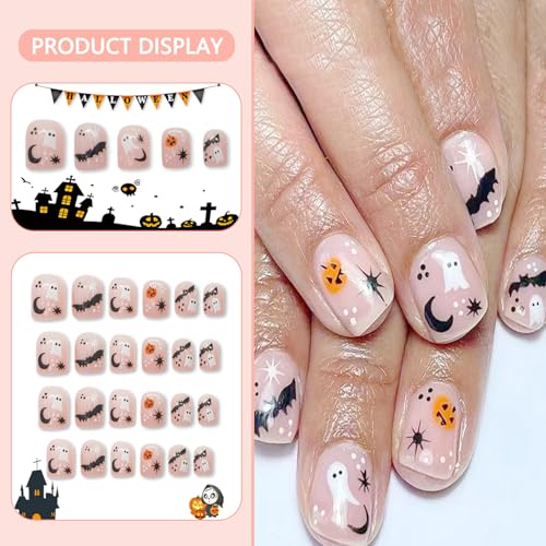Halloween Press on Nails Cute Little Ghost Pumpkin Designs False Nails Extra Short Square Bats Fake Nails Glue on Nails Pink Glossy Acrylic Nails Full Cover Halloween Stick on Nails for Women 24 Pcs - color: Style 16
