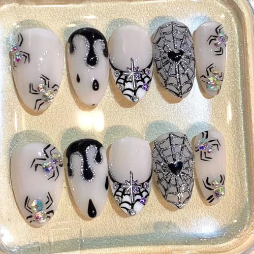 Halloween Press on Nails Medium Almond Fake Nails Spider Web Gothic Art - color: Halloween Press on Nails 02