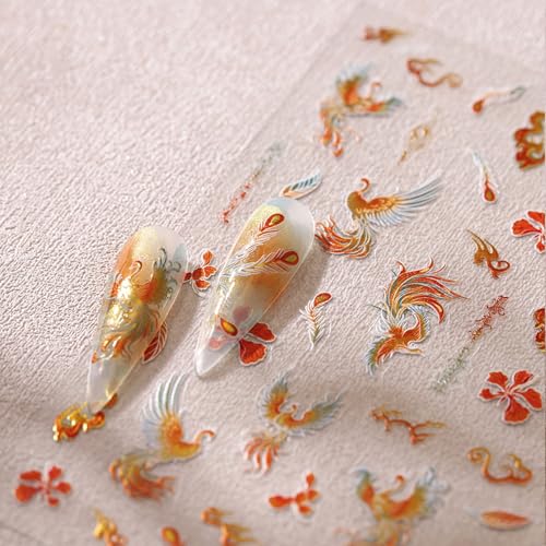 5D Embossed Nail Stickers Gold Phoenix Feather Flame Self Adhesive - color: Gold Phoenix